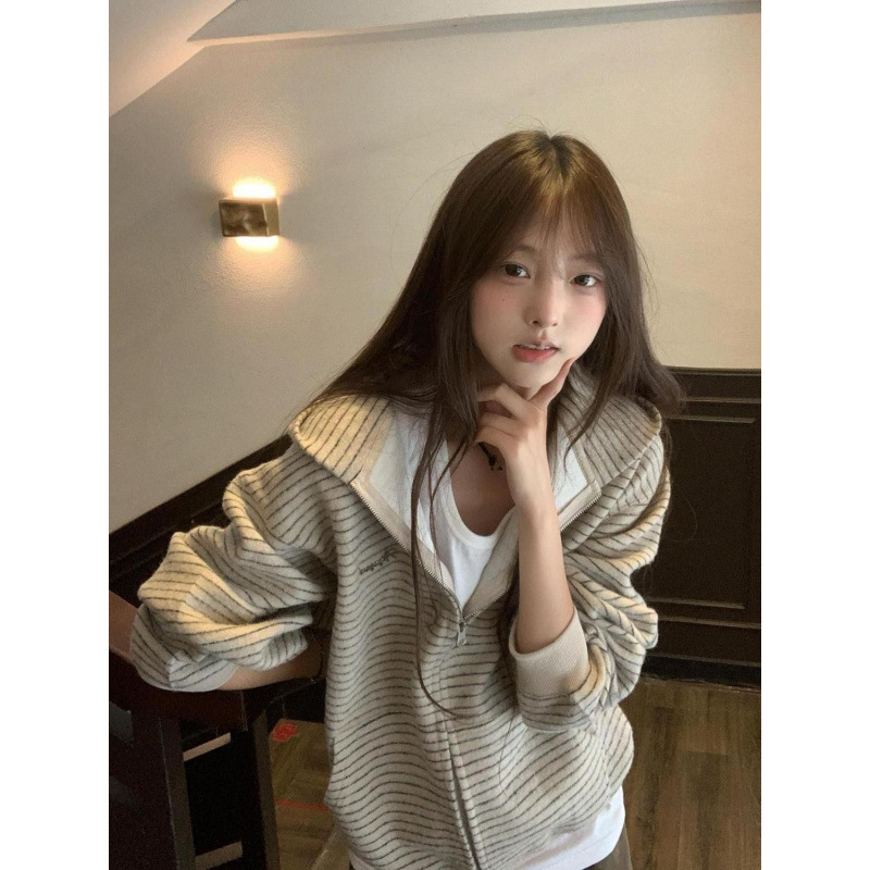 美式高街条纹连帽卫衣女秋季情侣装2025新款宽松韩系百搭开衫外套