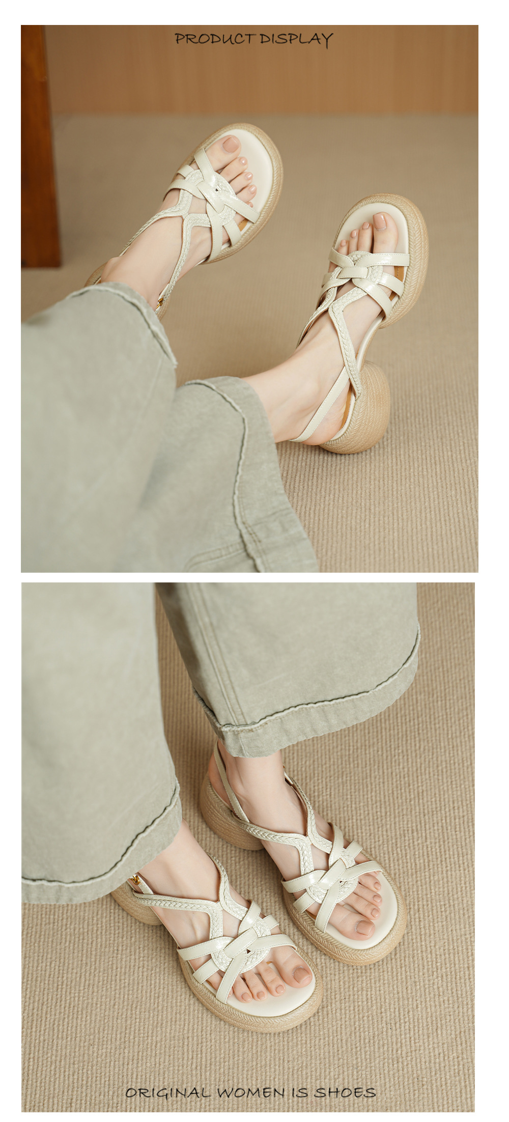 Sandal nữ hở mũi gót vuông đế dày 6 cm phong cách dệt — màu trắng ngà chi tiết 9