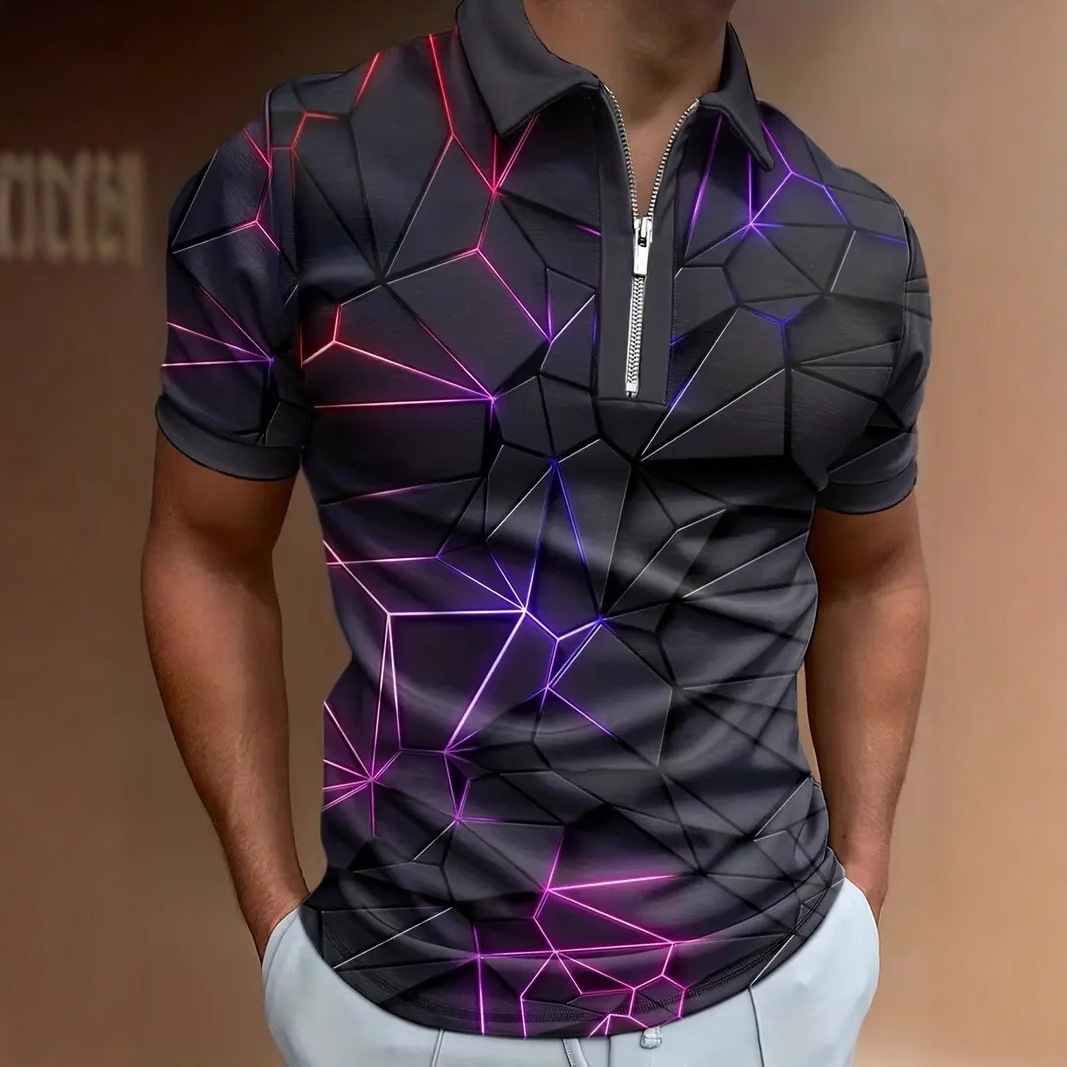 Tendencia de moda tecnología de sentido metálico impresión 3D hombres negocios calle principal malla suelta cremallera transpirable camisa POLO