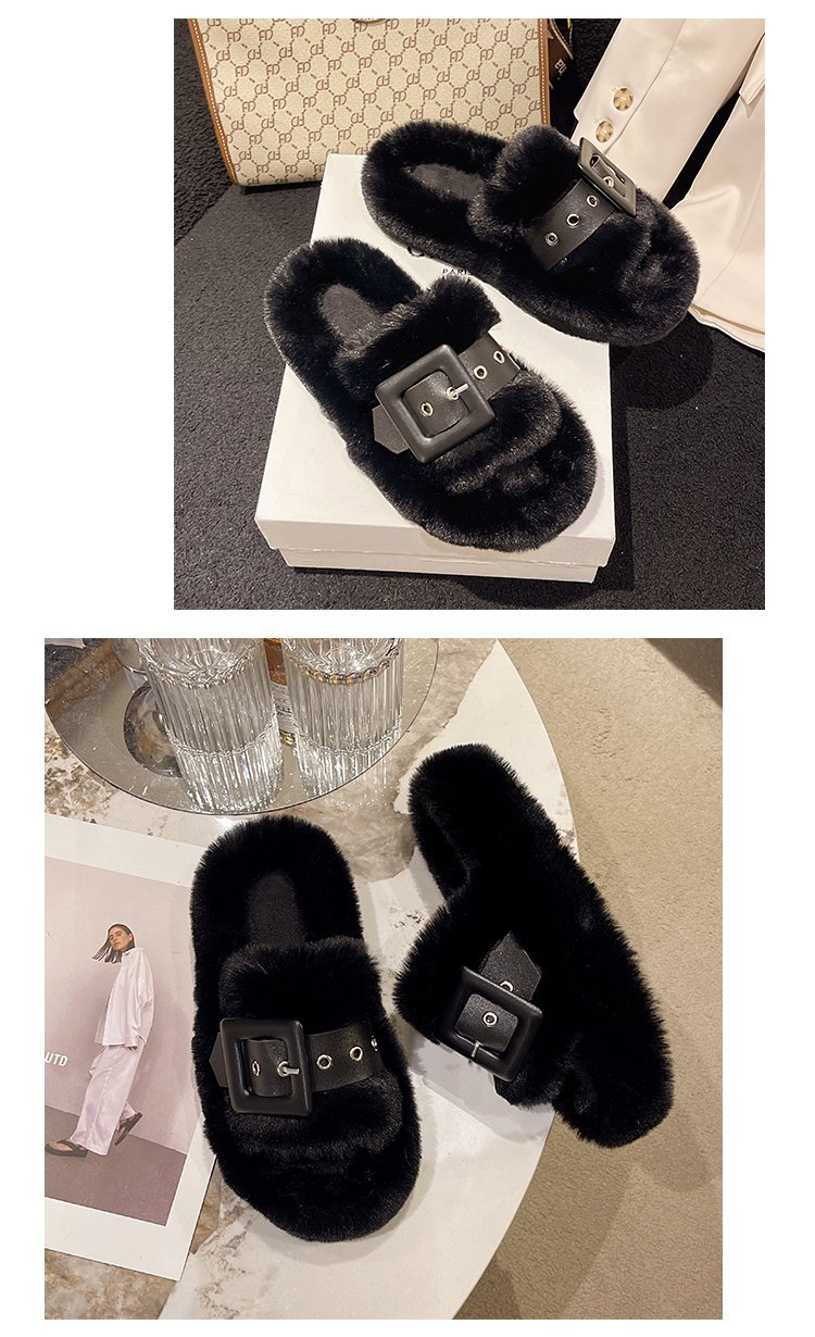 Pelzige Hausschuhe für Damenoberbekleidung, schwangere Frauen, große Hausschuhe mit dicken Sohlen, Gürtelschnalle, Plüsch, Ein-Wort-Baumwollhausschuhe_voghion.com