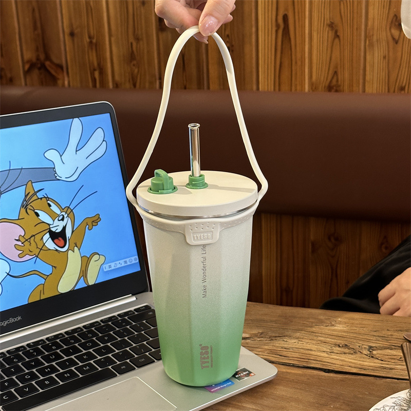 TYESO taishuo nueva taza de café de acero inoxidable calentador de hielo aislamiento taza de paja del coche de vacío botella de agua de gran capacidad