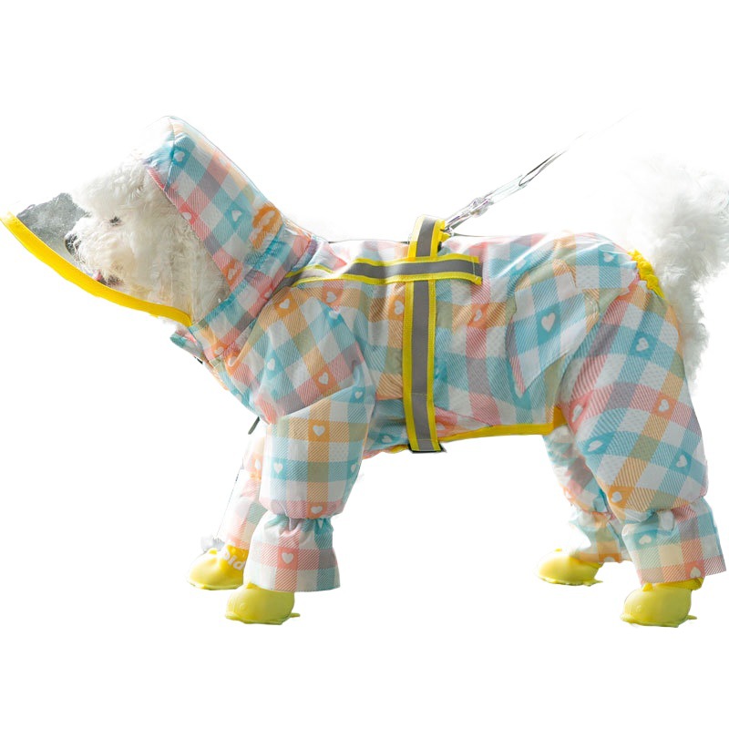 Cachorro impermeable perros medianos y pequeños con todo incluido de cuatro patas impermeable moda Plaid reflectante tira caminando perro mascota ropa