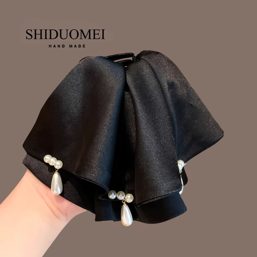 Palace-Style Retro Satin Small Skirt Clip Medium Ponytail Clip Stylish Pearl Pendant Top Clip Half-Tied Hairpin