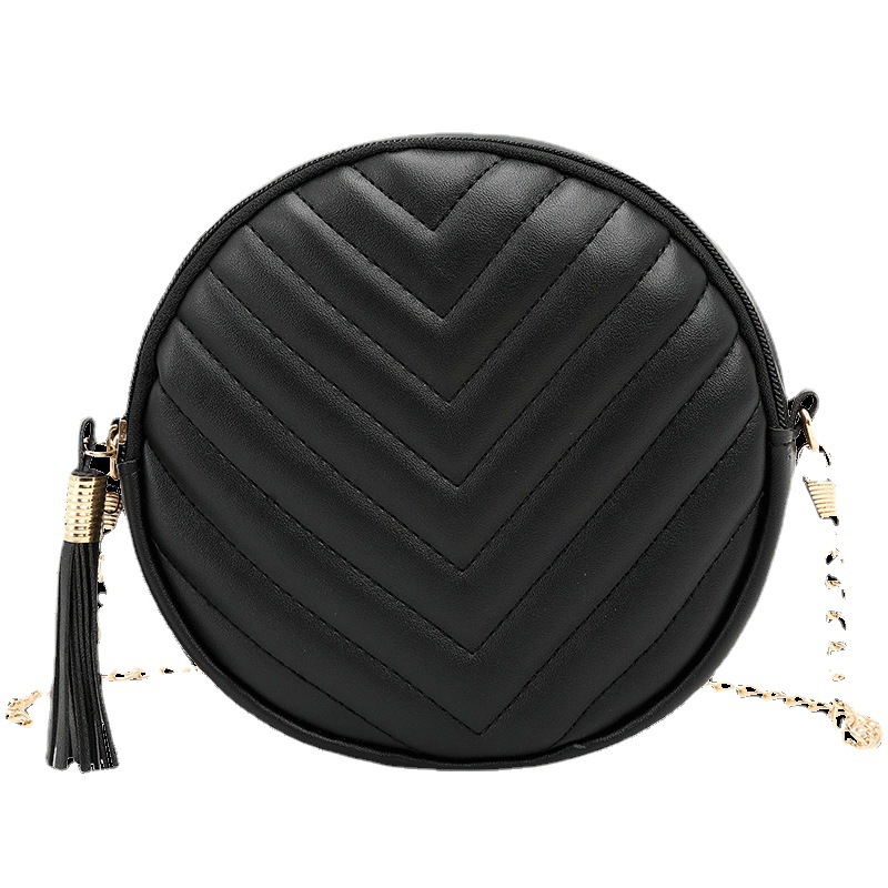 Bolso Redondo de Hombro Bordado para Mujer, PU, con Borla y Cadena, para Uso Diario