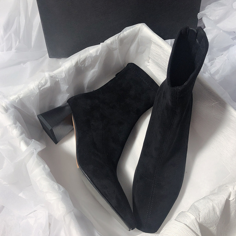 Ling Xi Yuan chunky heel square toe elastic slim ankle boots with back zipper, plus size genuine leather high heel women's short boots