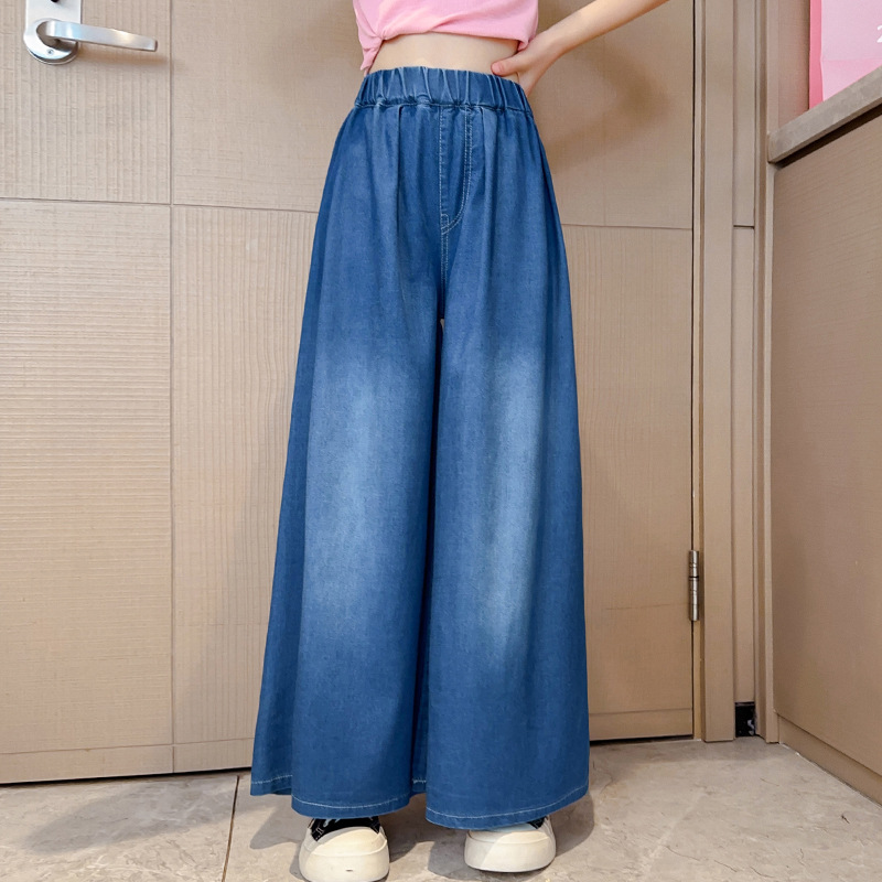 Girls' Tencel Jeans Spring and Autumn 2025 New Stylish Floor-Length Skirt Pants for Children, Mosquito-Proof Wide-Leg Pants for Summer