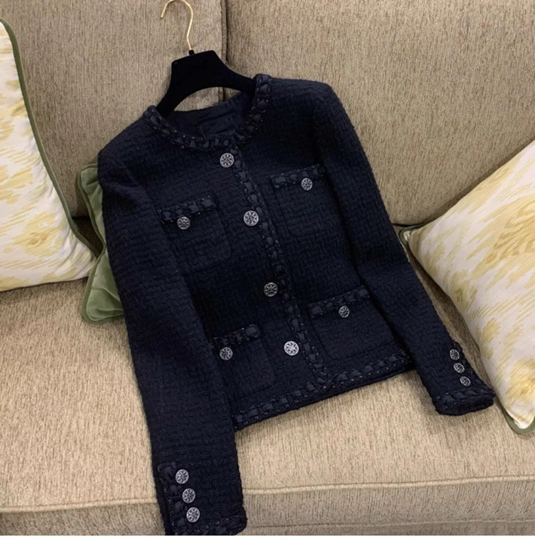 2025 Autumn/Winter New Black Classic Roman Four-Pocket Wool Tweed Black Jacket Women's Top