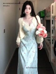法式温柔风碎花吊带裙大码套装女夏季镂空防晒开衫设计感蕾丝长裙