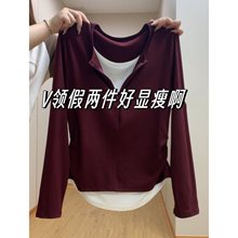大码微胖mm正肩显瘦t恤长袖女春夏打底衫不规则设计感假两件上衣
