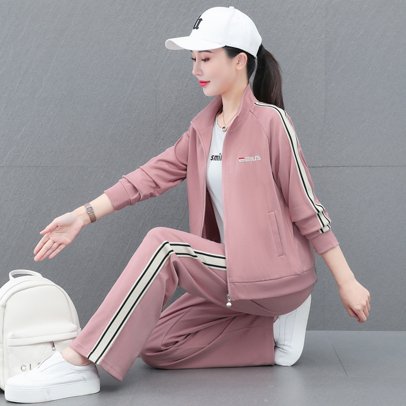 春秋立领撞色时尚休闲运动套装女中年妈妈直筒开衫卫衣卫裤三件套|undefined