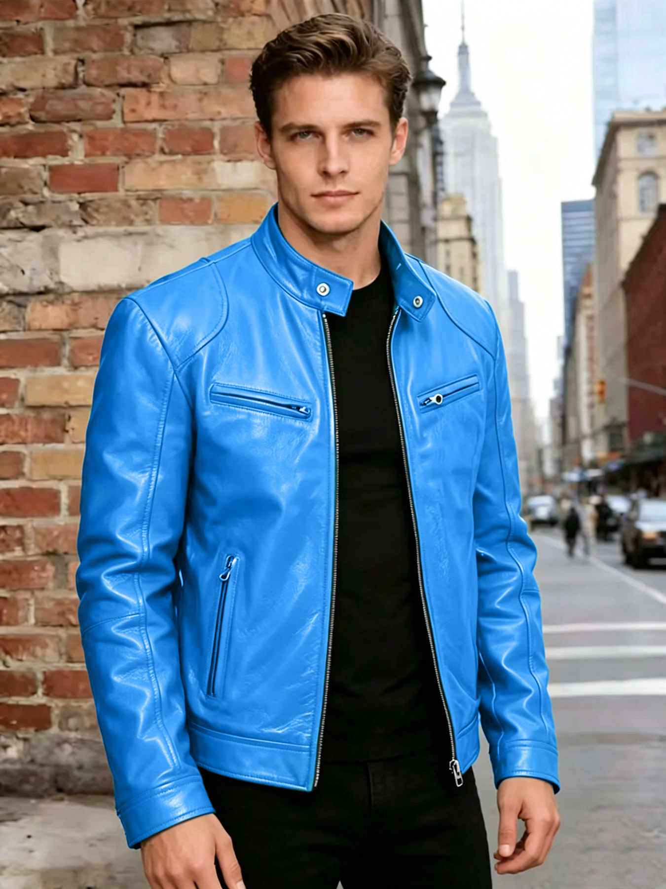 Men's Slim Fit Stand Collar PU Leather Motorcycle Jacket Trendy Short Outerwear Casual Fashion For Autumn Winter_viptrois.com