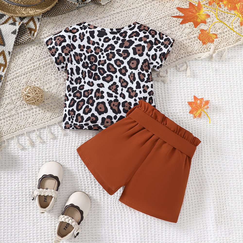 어린이 여름 레오파드 무늬 티셔츠 두 조각 세트 소녀 캐주얼 클리어 컬러 반바지 세트 불산 아동복 벨트