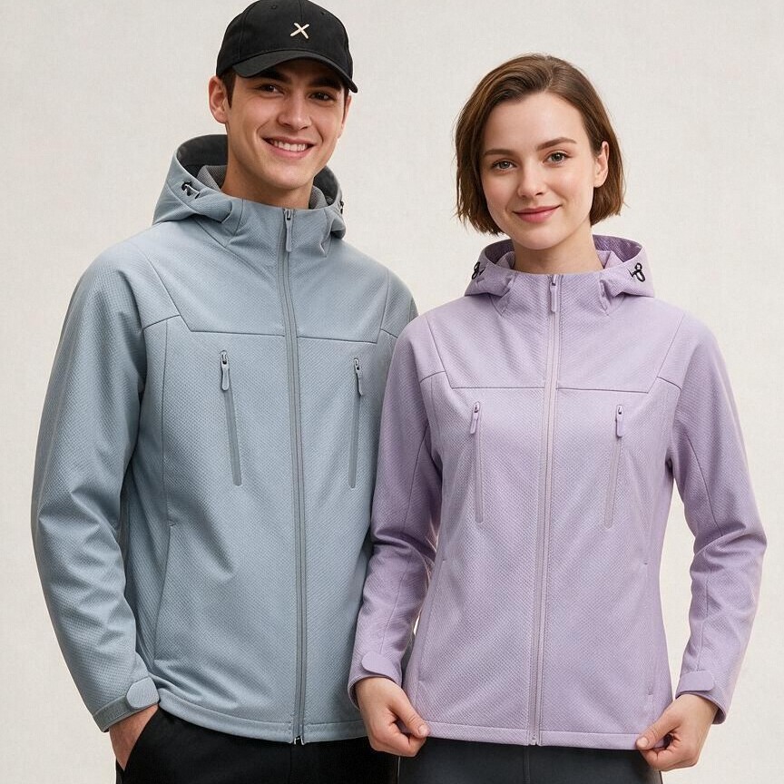 Outdoor couple's softshell jacket, men's windproof and wear-resistant mountaineering travel jacket, women's solid color hooded jacket, bulk purchase with custom logo
