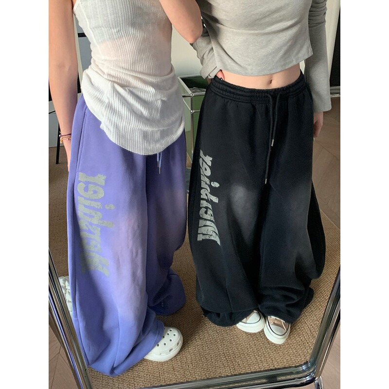 Summer American-style distressed letter print elastic waist wide-leg pants for men and women, loose and casual with a unique style Summer American-style distressed letter print elastic waist wide-leg pants for men and women, loose and casual with a unique style