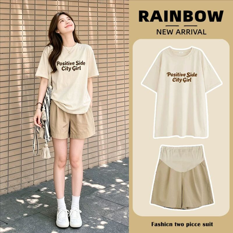 Maternity Outfit Set: Summer T-Shirt with Short Sleeves to Cover the Belly Without Revealing Pregnancy, Letter-Print Casual Shorts Two-Piece Set