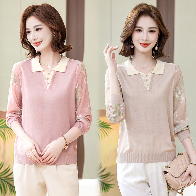 2024新款妈妈装春装T恤打底衫中年长袖上衣薄款中老年女春秋上装
