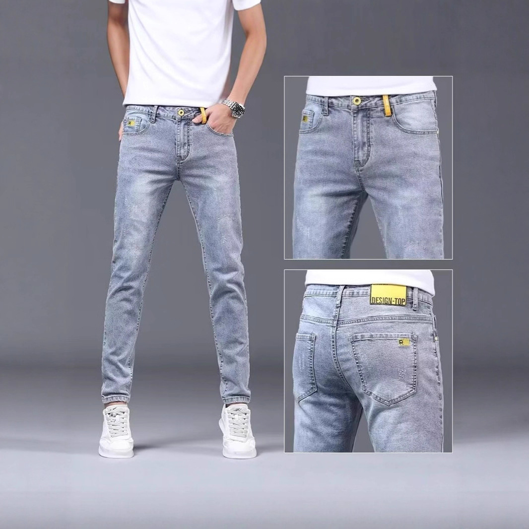 Men's Slim Fit Skinny Jeans Stretch 2024 New Summer and Autumn Thin Light Blue Versatile Long Pants Men's Clothing