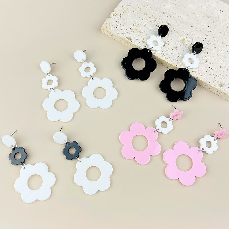 2023 acrylic hollow stitching color flower earrings long two even flower retro atmosphere women's earrings wholesale