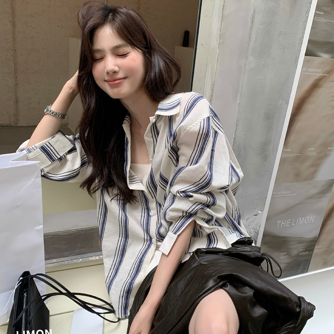 THE LIMON 레몬그린차 2026 가을 심플 스트라이프 셔츠 여성 긴팔 루즈 데일리 캐주얼 상의