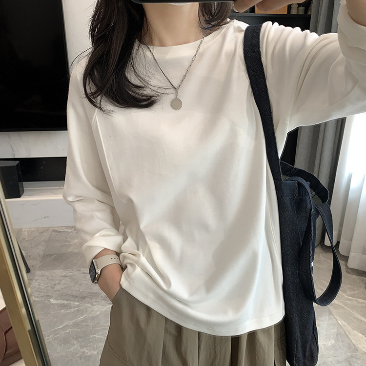 Spring is not too late ~ side stitching solid color long sleeve sanding t-shirt 2024 autumn round neck loose slim simple jacket women's