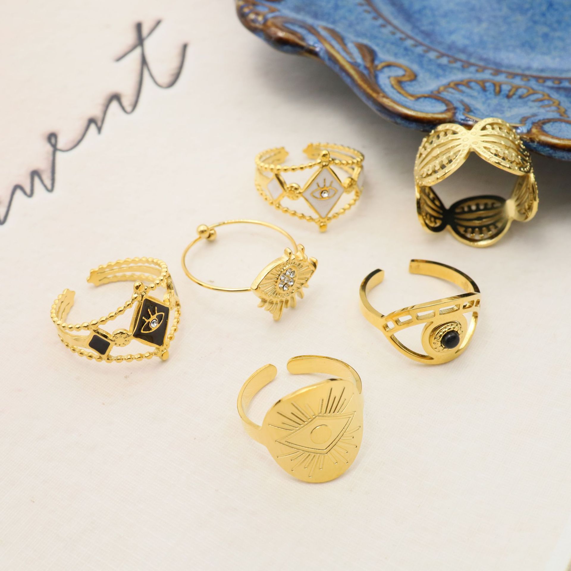 10g Weight PVD Coated Gold Plating Process PVD Coated 14K Gold Real Gold Plated Devil'S Eye 304 Stainless Steel Fashion Waterproof Non Tarnish Open Ring