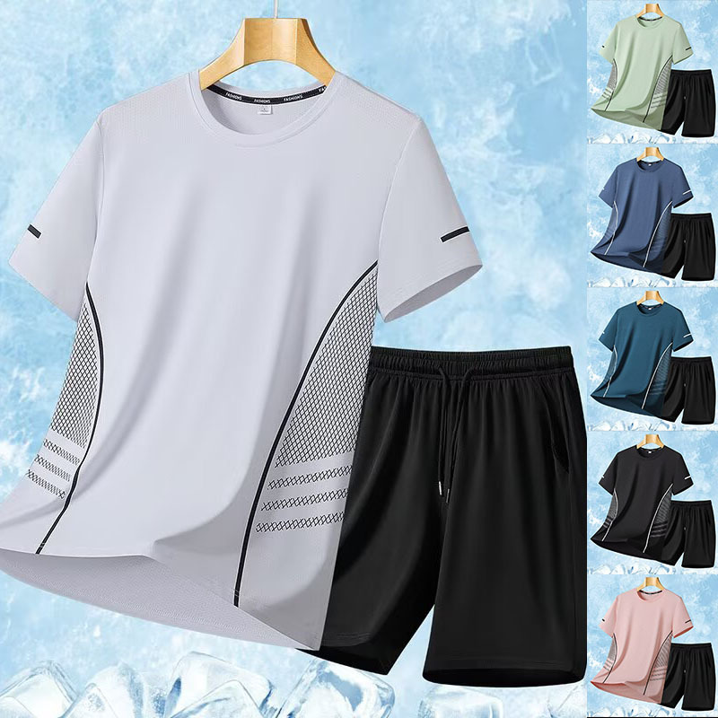 Trajes deportivos para hombres hielo veloz ropa seca camiseta de fitness correr mangas cortas pantalones cortos trajes de entrenamiento fábrica transfronteriza al por mayor