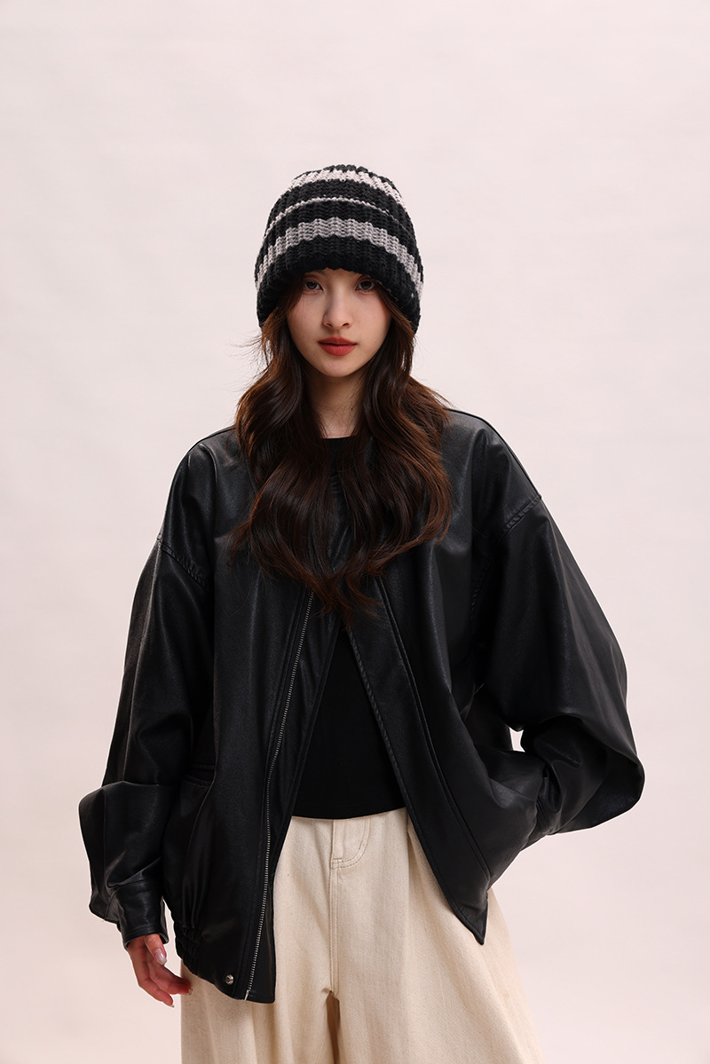 Cappello a sacco con viso a righe grande circonferenza della testa cappello di lana per le donne in autunno e inverno, viso piccolo, caldo lavorato a maglia freddo_voghion.com