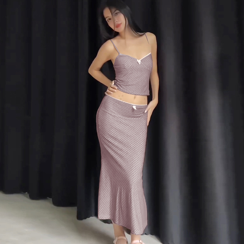 Women Clothing Summer Sweet Printed Suit Sexy Cropped Small Strap Slim Fit Dress Two Piece Set Women