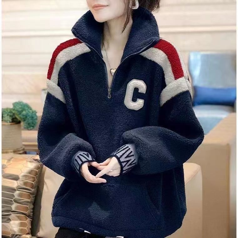 New Autumn and Winter Loose Design Fashionable Plush Casual Plus Velvet Thickened Tops and Sweatshirts for Women