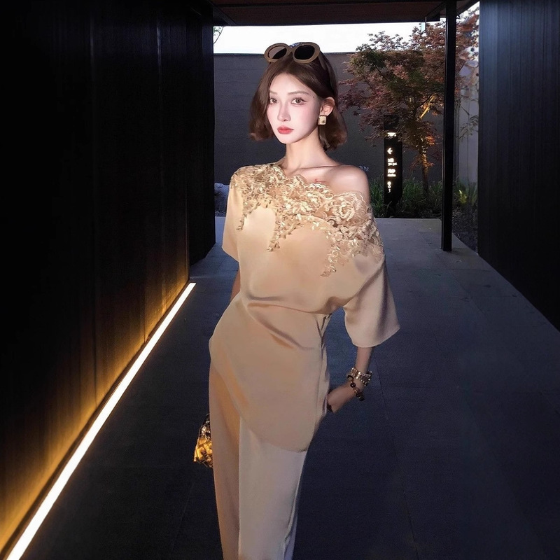新中式时尚套装女夏设计感小众蕾丝千金名媛斜肩上衣阔腿裤两件套|undefined