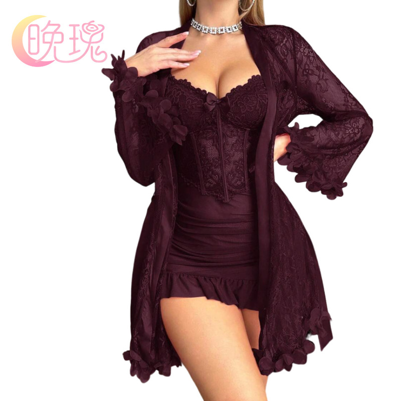 Cross-Border Foreign Trade New Sexy Lingerie Sexy See-Through Lace Suspender Skirt with Outer Robe Lace Women's Pajamas Set