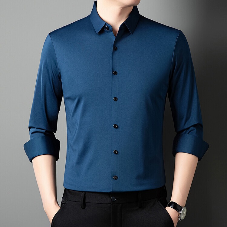 2025 Spring New Seamless Long-Sleeve Shirt for Men, Thin Solid Color Casual Business Shirt, Men's Ice Silk Shirt