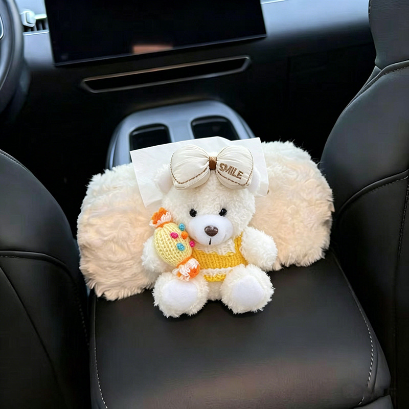 Bear-shaped car tissue box, armrest box tissue holder, creative car decoration, plush toy, interior car accessory for women with a high-end feel