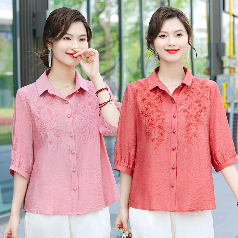 Модная летняя новая рубашка для мамы, футболка с отложным воротником, летняя стильная женская футболка среднего и пожилого возраста, стильный топ с вышивкой в ​​китайском стиле