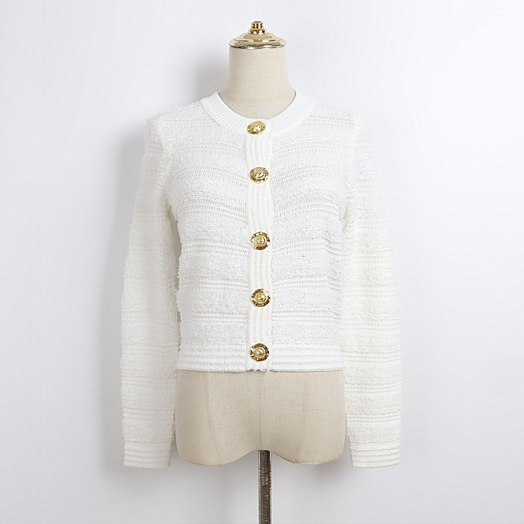 Spring and Autumn New Style Single-Breasted Knitted Cardigan Wholesale with Gold Buttons, Round Neck, Short Style, Long-Sleeve Shirt, Light Luxury Fashion Outfit