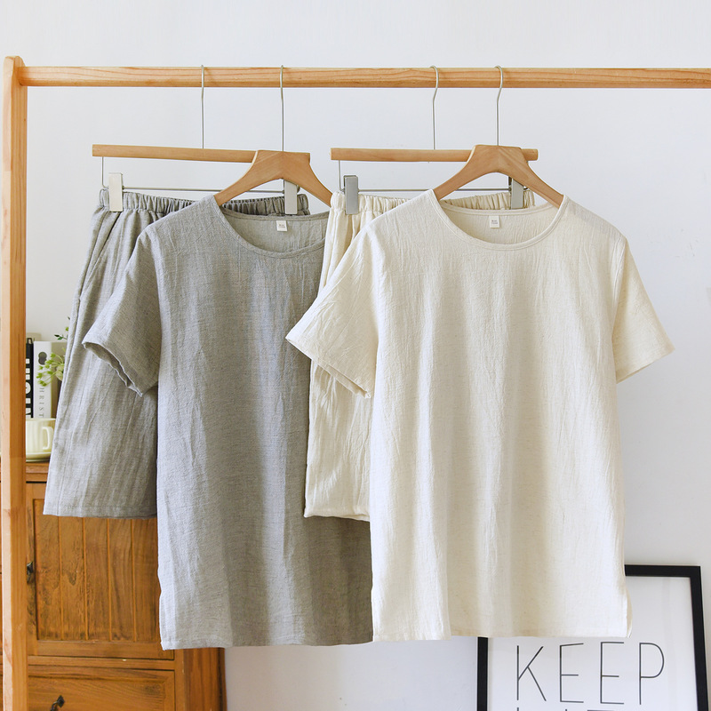 Men's Summer Linen Short-Sleeve Shorts Pajama Set, Solid Color Loungewear, Loose, Breathable, Thin, Round-Neck Homewear