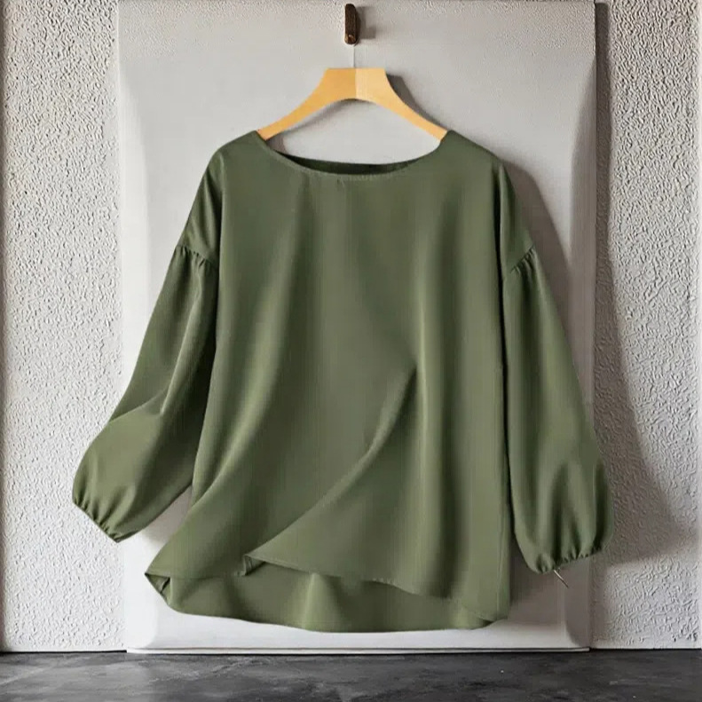 2025 Amazon Cross-border New Loose Casual Solid Color Round Neck Long Sleeve Puff Sleeve Shirt Top for Women