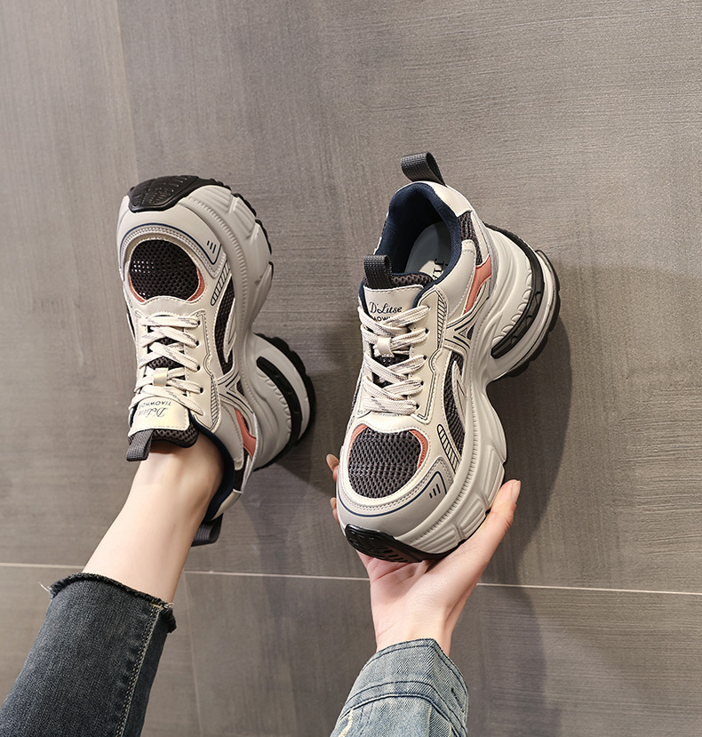 Giày sneaker nữ chunky đế dày mặt lưới thoáng khí độn cao bên trong — Màu vàng chi tiết 1