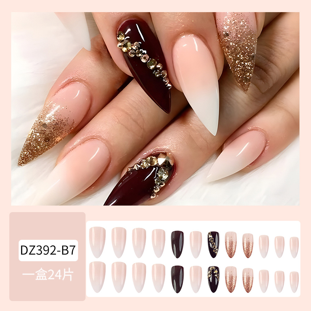 Uñas postizas de estilo europeo y americano, muy vendidas en el comercio exterior, parches de uñas con purpurina color borgoña, pegatinas de uñas falsas con diamantes de imitación dulces