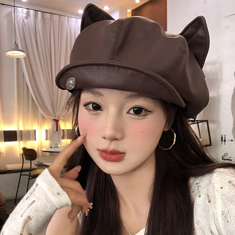可爱卡通猫耳朵pu皮质贝雷帽女小众文艺复古显脸小云朵画家帽子潮|undefined