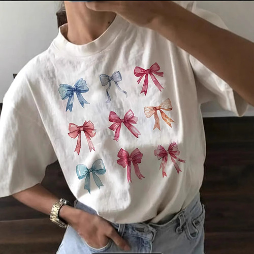 Women's Summer Spring Clothing, Short-Sleeve Round Neck Casual Top, Bowknot Print T-Shirt