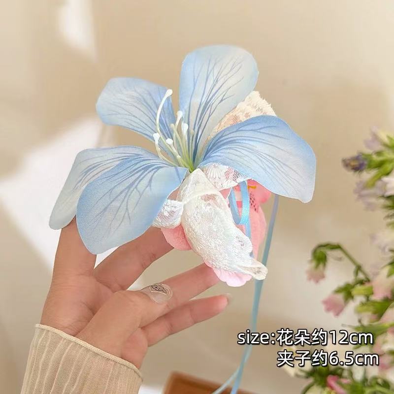 핑크 블루 꽃무늬 레이스 머리핀