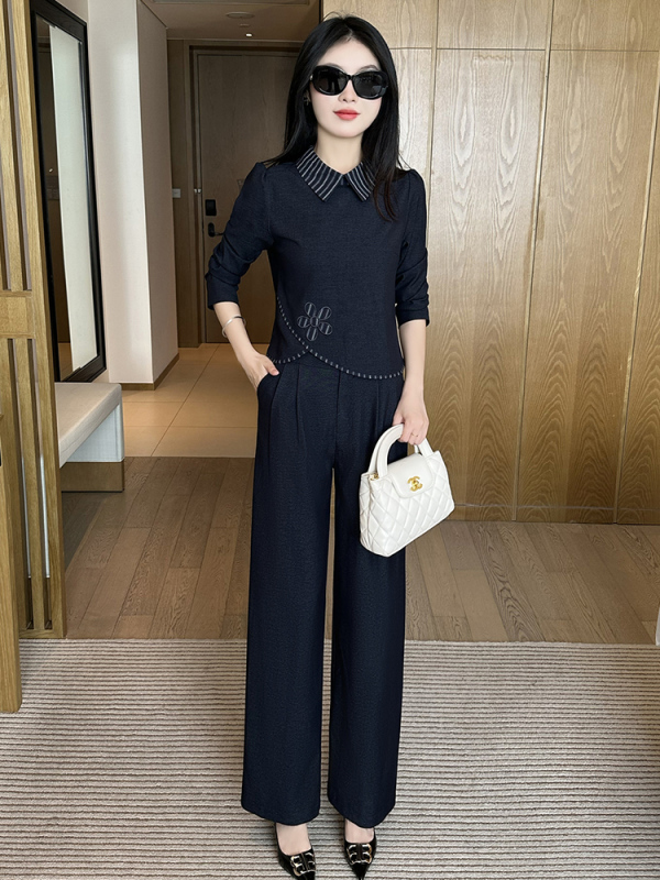时尚牛仔套装女2025秋季新款洋气显瘦设计感上衣阔腿裤气质两件套|undefined