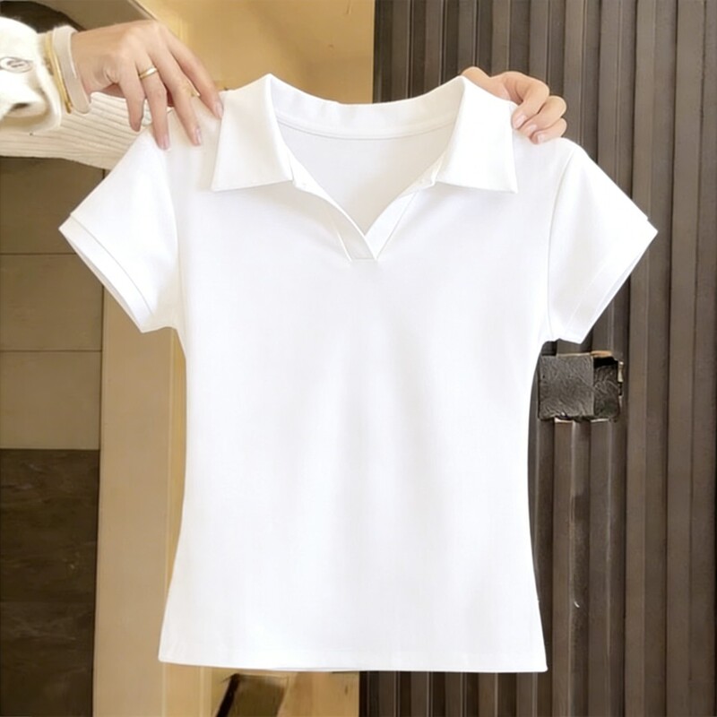 Trendy Polo Collar Short-Sleeve T-Shirt for Women, New Summer Slim-Fit Design, Unique Fitted White Top