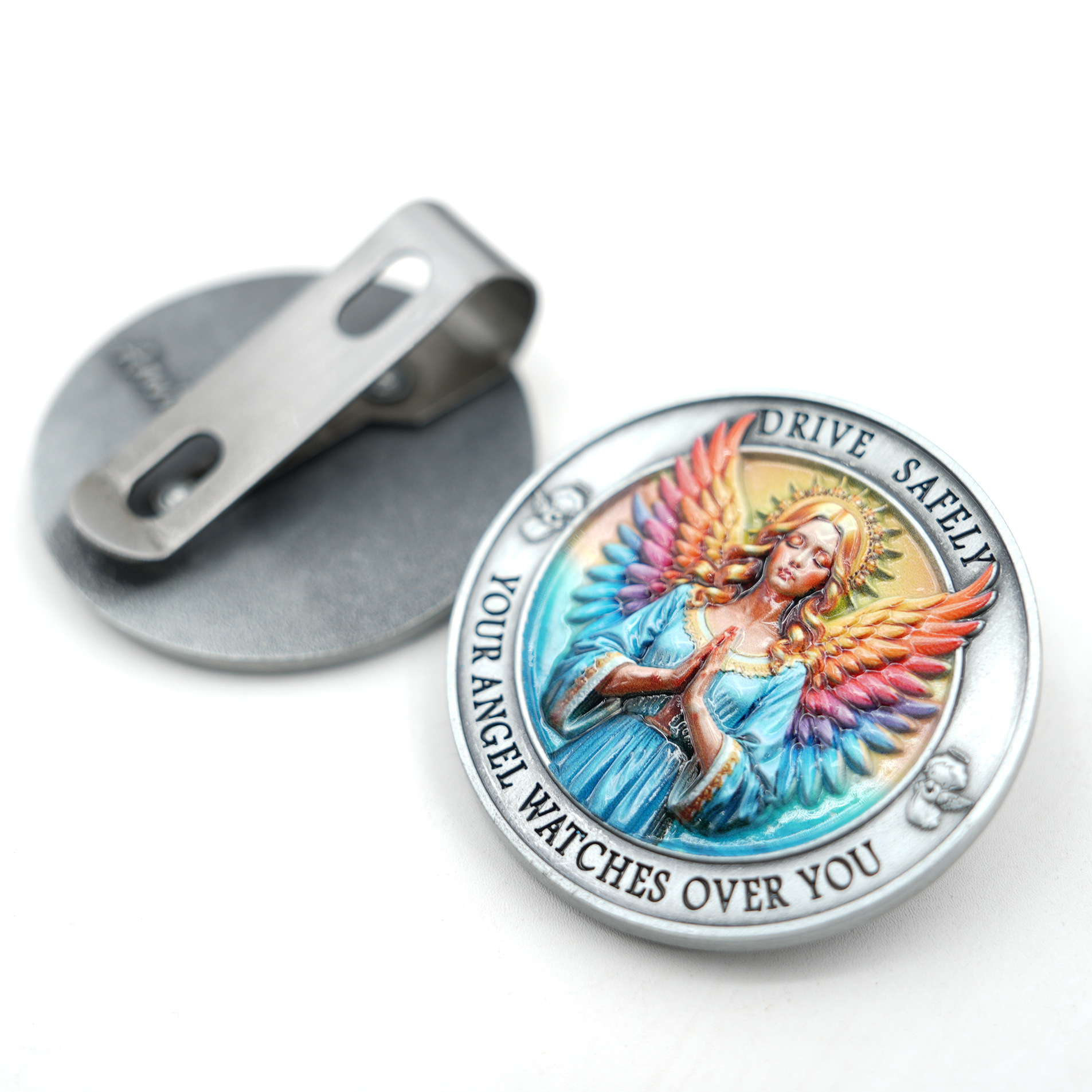 Jz34 Metal Car Sun Visor Clip, Guardian Angel Religious Pattern Car Ticket Holder, Creative Car Accessory