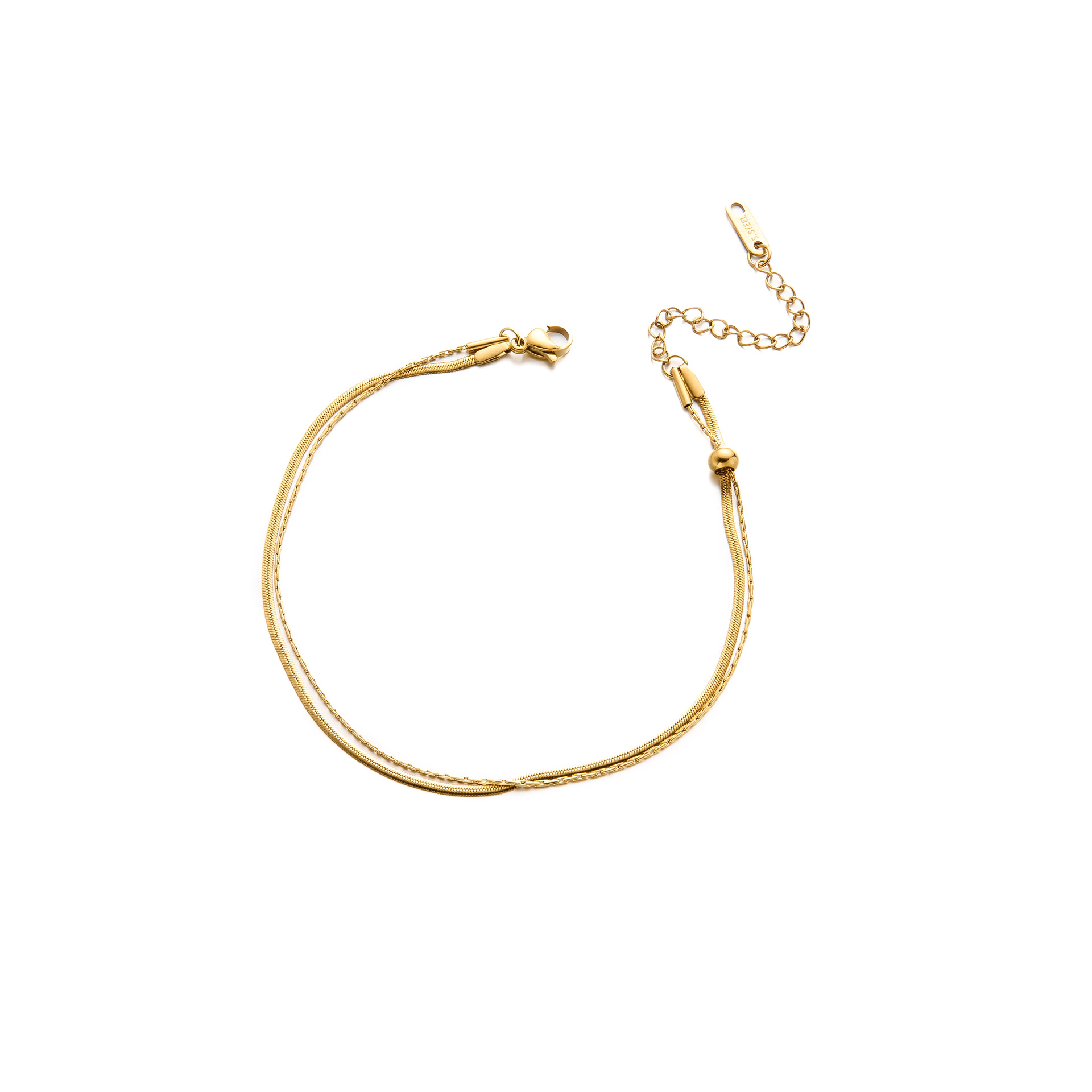 Nuevas cuentas de acero de titanio, tobillera de doble capa móvil, cadena de hueso de serpiente, bola de oro pequeña, verano de oro de 18k, nuevo adorno de pie de todo fósforo