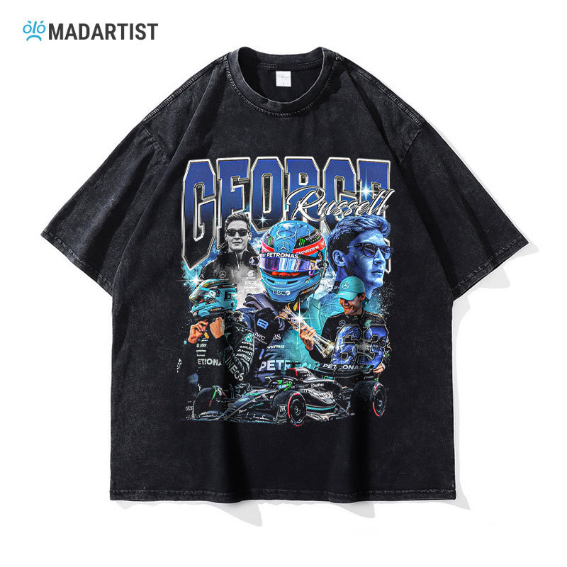 Madartist George Russell T-Shirt F1 Racer George Russell Washed Short-Sleeved Retro Trendy Brand