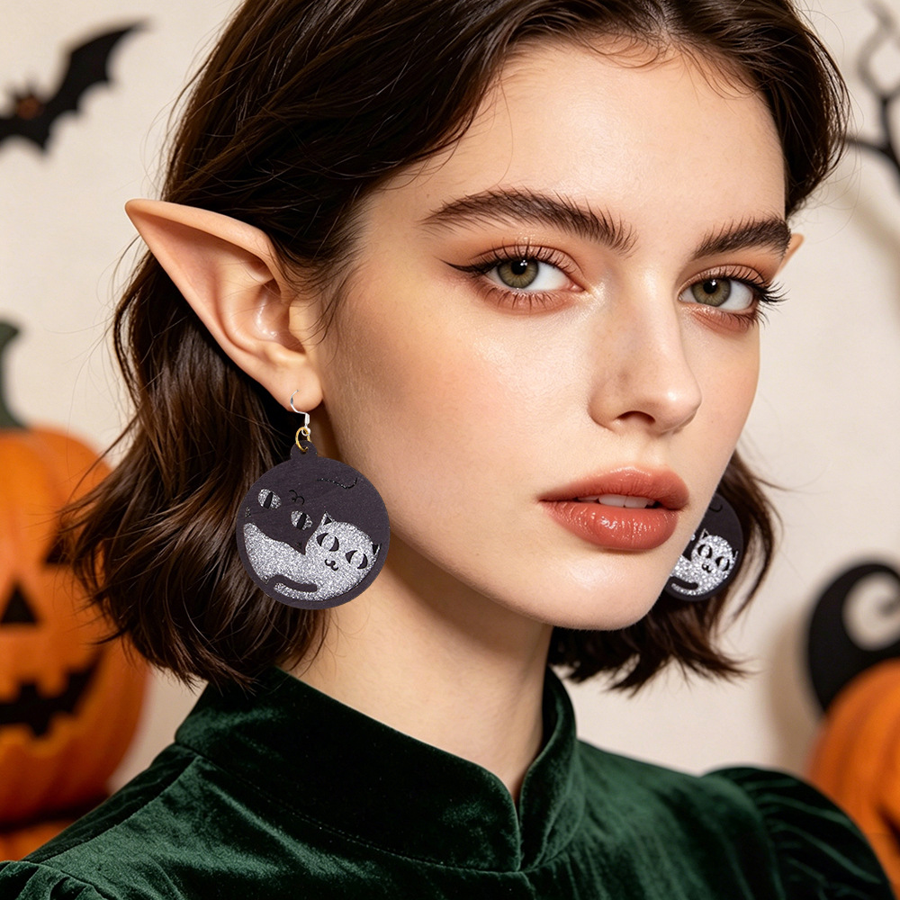 Pendientes de madera transfronterizos de Halloween polvo brillante de gato pendientes fantasma de fiesta de maquillaje decoración oscura aretes de viento