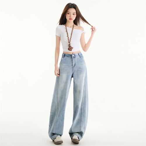 Light Blue Casual Bending Knife Jeans for Women - 2025 Summer New Wide Leg Split Banana Grandma Pants