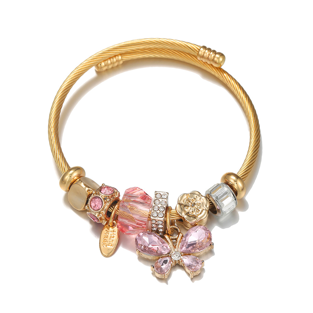 Sweet Letter Flower Butterfly Stainless Steel Alloy Inlay Artificial Diamond Resin Bangle